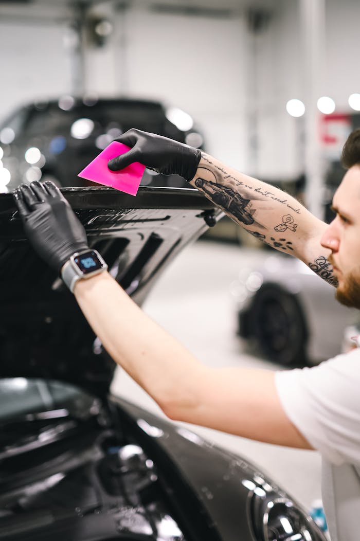 Man cleaning a car hood with pink cloth in a professional showroom setting.